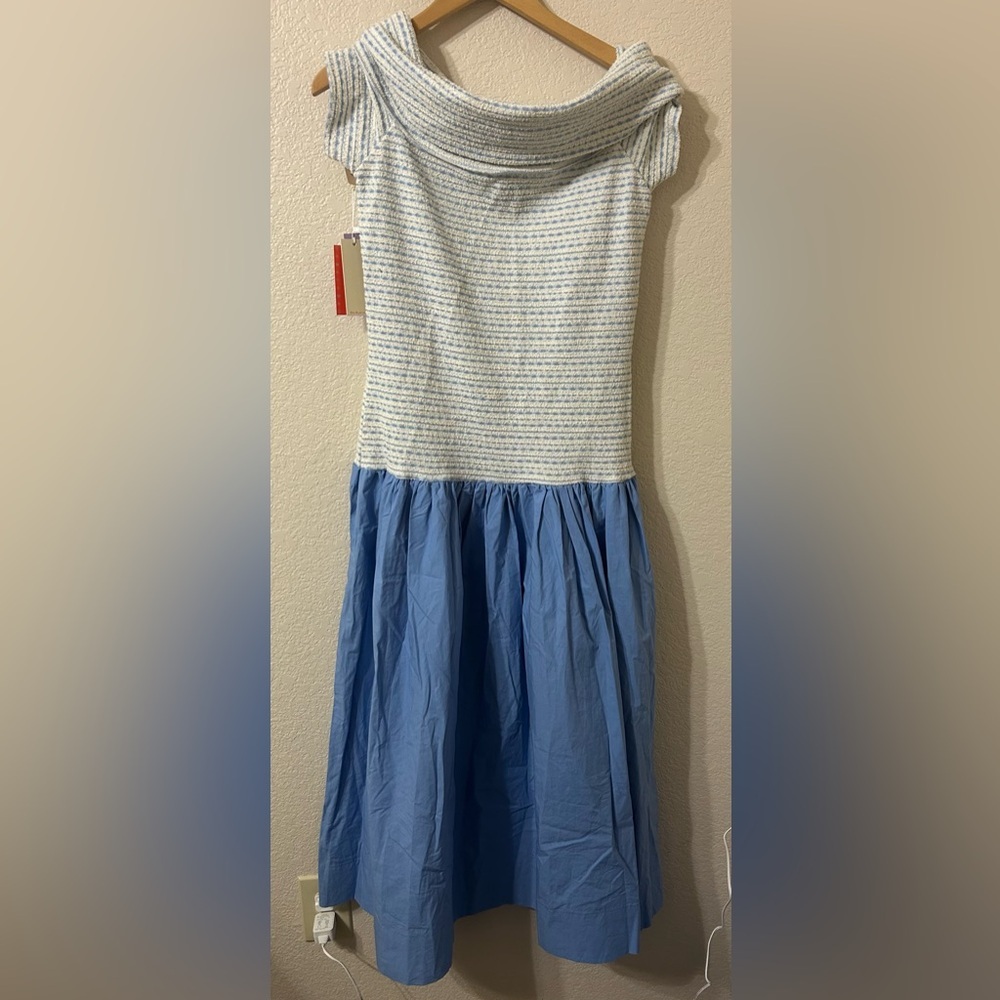 NWT Never A Wallflower Off the Shoulder Dress Beryl Knit Blue & White Size Large - Picture 2 of 7